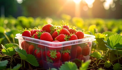 A clear plastic container overflowing with vibrant, ripe red fruit sits amidst a field of green plants, illuminated by warm sunlight