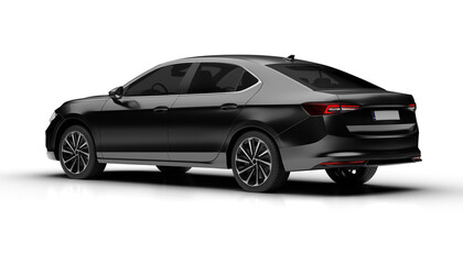 Slight rear left view of dark grey colored modern sedan car rendered on transparent background