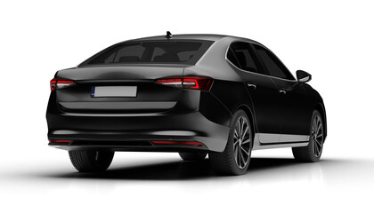 Obraz premium Slight rear right view of dark grey colored modern sedan car rendered on transparent background