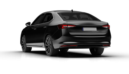 Slight rear left view of dark grey colored modern sedan car rendered on transparent background