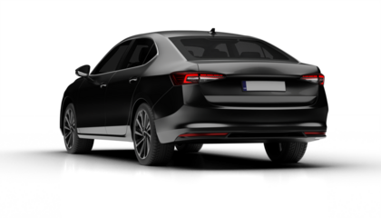 Slight rear left view of dark grey colored modern sedan car rendered on transparent background