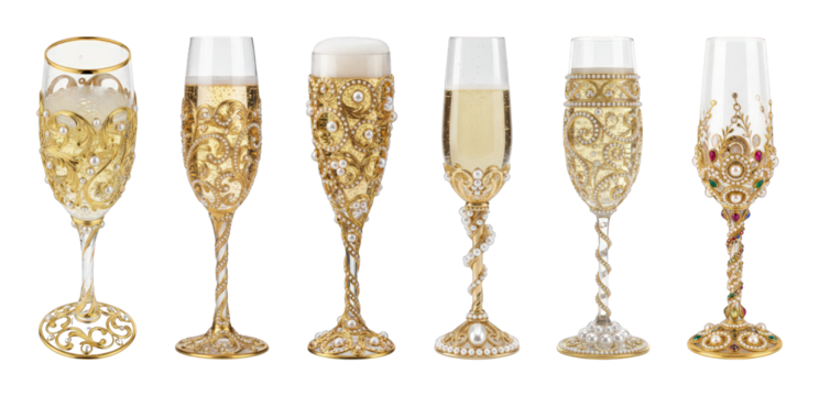 Luxury ornate champagne flute set including various embellished gold, pearl, and gemstone designs isolated. Perfect for celebrations and festive events.