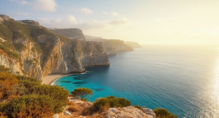 Fototapeta premium Stunning Coastal Cliffs Overlooking Turquoise Waters at Sunset.