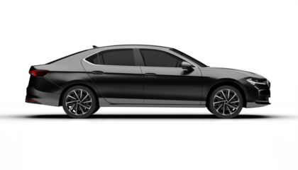Right side render of dark grey colored modern sedan car on transparent background