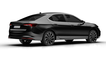 Slight rear right view of dark grey modern sedan car rendered on transparent background