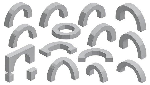 A collection of gray architectural elements, specifically various arch designs in an isometric style, perfect for design concepts