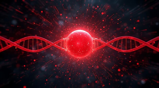 Glowing Red DNA Helix with Central Energy Sphere – Molecular Biology and Genetic Science Concept