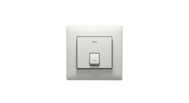 A white light switch with two buttons, one labeled 'ON' and the other labeled 'OFF'. The switch is mounted on a white wall.