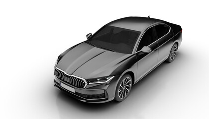 Slight front left view of dark grey colored modern sedan car rendered with a transparent background