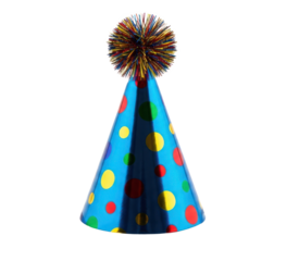 A blue and yellow polka dot party hat with a pom pom on a white background.