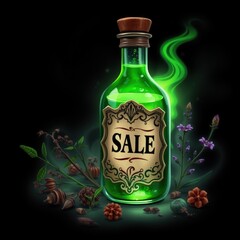 Green potion bottle with SALE label surrounded by herbs and plants  