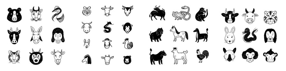 Set of hand drawn black and white icons representing Chinese zodiac animals
