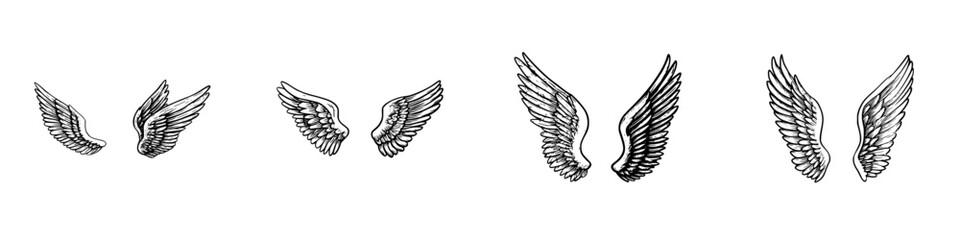 Four detailed pairs of angel or bird wings in vintage engraving style for tattoo art