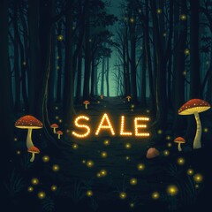 Enchanted forest with glowing mushrooms and illuminated 'SALE' sign  
