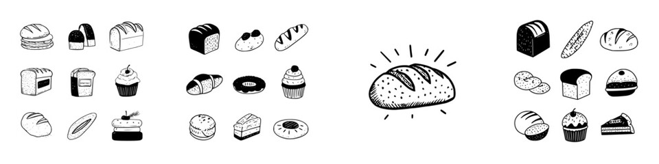 Doodle icons set of various bakery food items like bread rolls and pastries