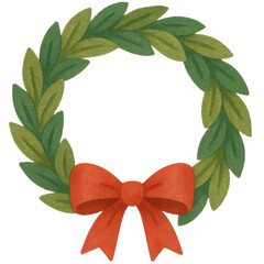 Fototapeta premium Round Holiday Wreath with Red Ribbon