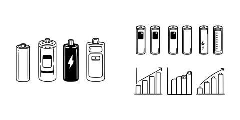 Battery charge level indicators and energy growth bar charts symbols
