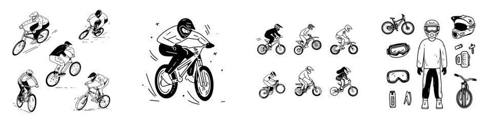Fototapeta premium Extreme mountain biking and BMX riders performing stunts with protective gear icons