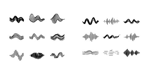 Hand drawn audio spectrum and sound wave icons set in black outline style