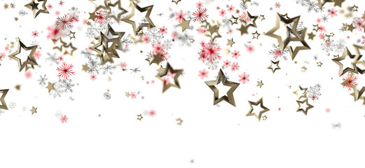 Festive background featuring golden stars and red and white snowflakes falling against a clean white backdrop. Perfect for Christmas or holiday