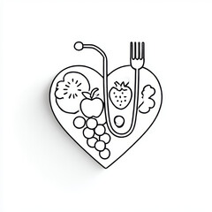 Minimalist Line Art Heart with Fruits and Stethoscope, black and white, representing heart health and medical nutrition with copy space