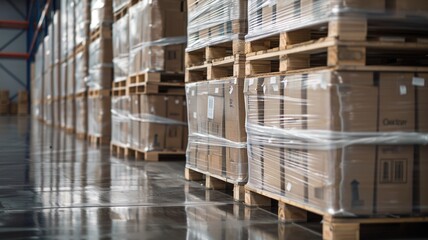 Cardboard boxes cargo delivery tightly wrapped in plastic film are stacked on wooden pallets in a clean, organized warehouse aisle.