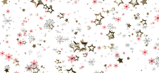 Festive golden stars and snowflakes on white background, perfect for christmas or new year celebrations, or other winter themed designs. Snow ba