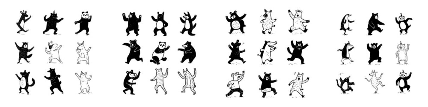 Various cartoon bears and animals dancing in stylized black and white