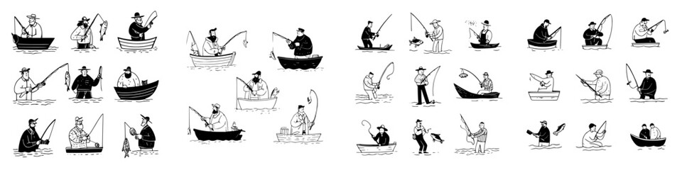 Set of Stylized Icons Depicting Fishermen Using Rods and Boats