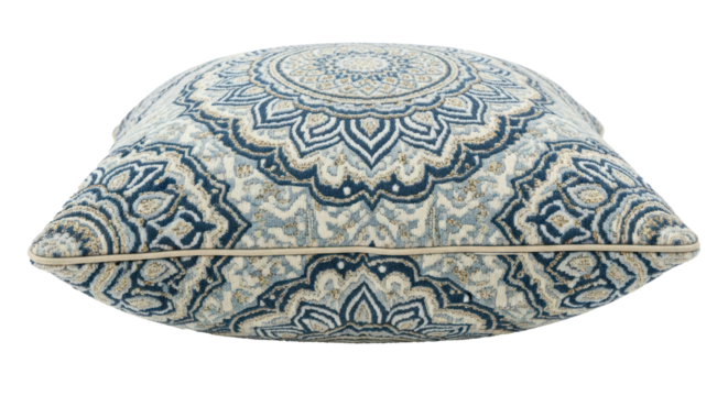 A blue and white patterned pillow with a floral design on a white background.