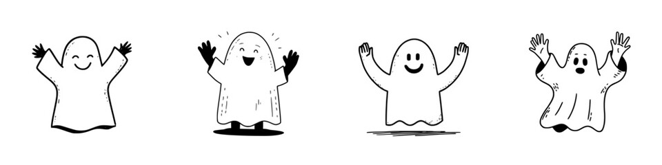 Four cute cartoon ghosts waving hands in simple doodle style