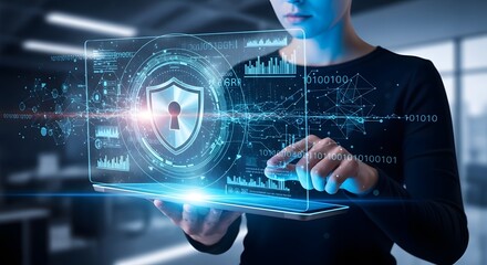 Person interacting with digital security shield interface isolated on white background