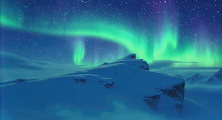 Naklejka premium Vibrant Aurora Borealis Over Snowy Landscape.