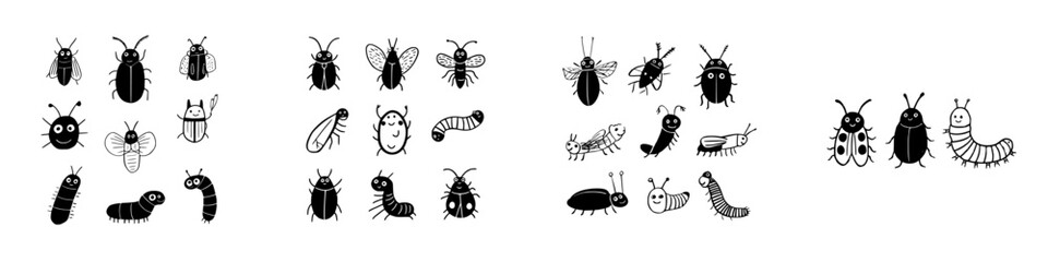 Cute hand-drawn black and white icons of various insects and bugs