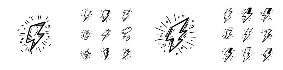Set of hand drawn lightning bolt icons in doodle style