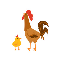 Brown rooster standing with a yellow chick simple flat illustration isolated on white. Domestic birds with red combs and orange beaks. Great for kids content, nursery prints, farm and animal designs