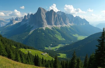Obraz premium Scenic mountain range landscape in summer. Mountain peaks rise above green forest trees. Valley with houses stretches into distance under blue sky with clouds in highlands. Mountain valley panorama.