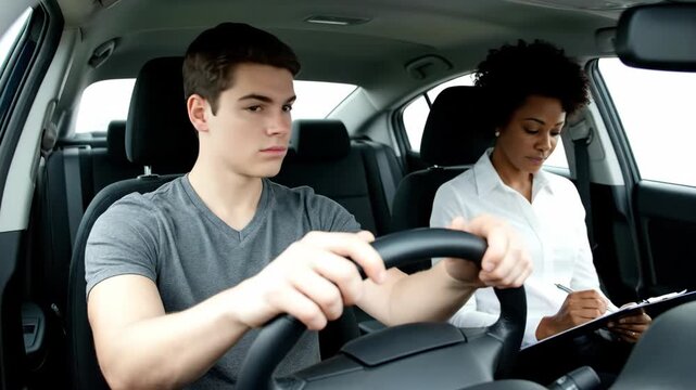 African american woman driving instructor teaching young man learner driver how to drive a car footage