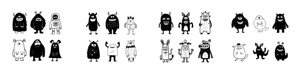 Collection of cute and scary cartoon monsters and alien characters in black and white