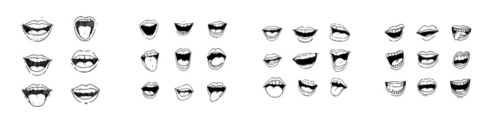 Hand drawn mouth expressions showing various emotions and speech acts