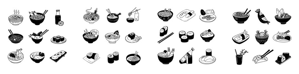 Collection of hand-drawn Japanese food icons featuring ramen and sushi dishes