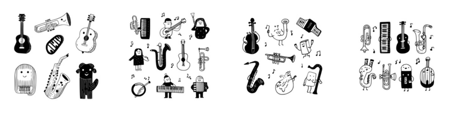 Whimsical hand drawn musical instruments and characters performing