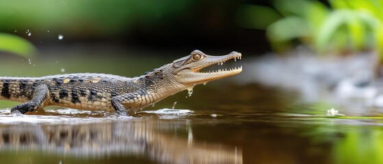 Fototapeta premium Crocodile emerging from water in a tropical wetland, displaying sharp teeth and glistening scales during daylight hours