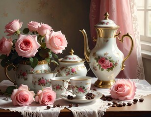 Elegant Rose Tea Set on a Table.