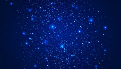 Fototapeta premium A dark blue background shimmers with countless bright blue particles, resembling a starry expanse or digital glow. The effect creates depth