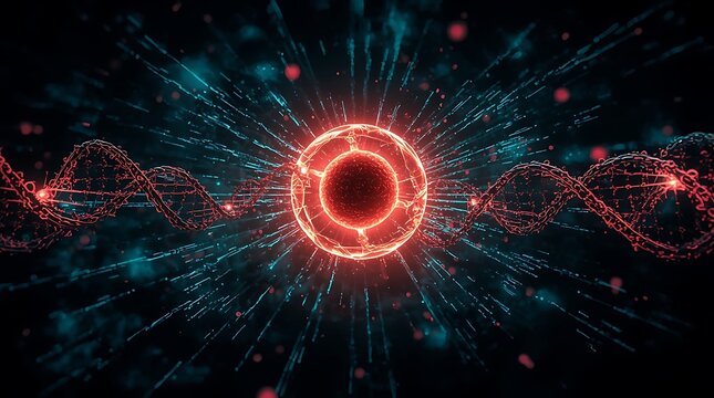 Glowing Red DNA Helix with Central Energy Sphere – Molecular Biology and Genetic Science Concept