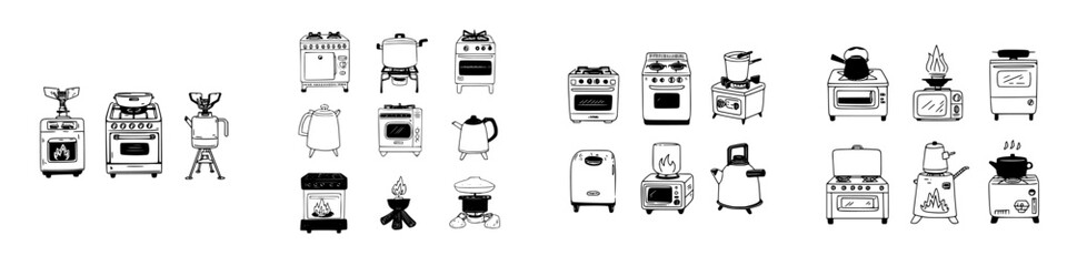 Assortment of cooking stoves and heating appliance symbols for kitchen and camping
