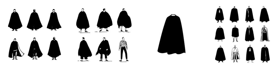 Stylized black and white figures wearing various dramatic capes and cloaks © schmidt