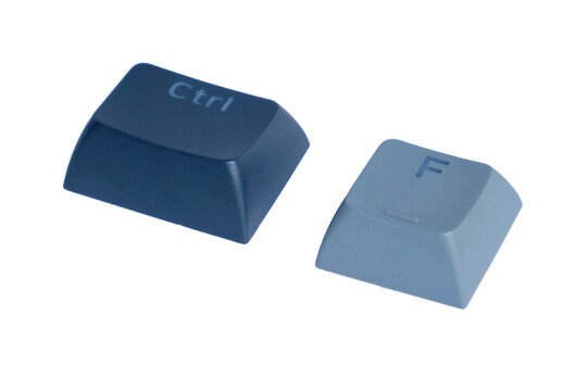 Close-Up Of Blue Keyboard Keys Ctrl And F Keycaps On White Background Studio Shot Macro