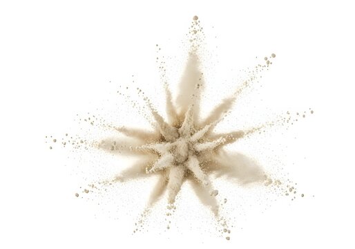 Powder Explosion Dynamic Abstract Shot of Dust Particles Flying from Point of Impact Isolated on White Backdrop Perfect for Texture and Overlay Effects
